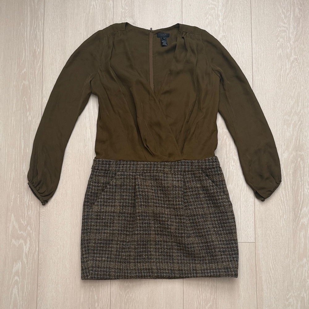 J. Crew Collection Olive Silk Long Sleeve Dress Wool Skirt